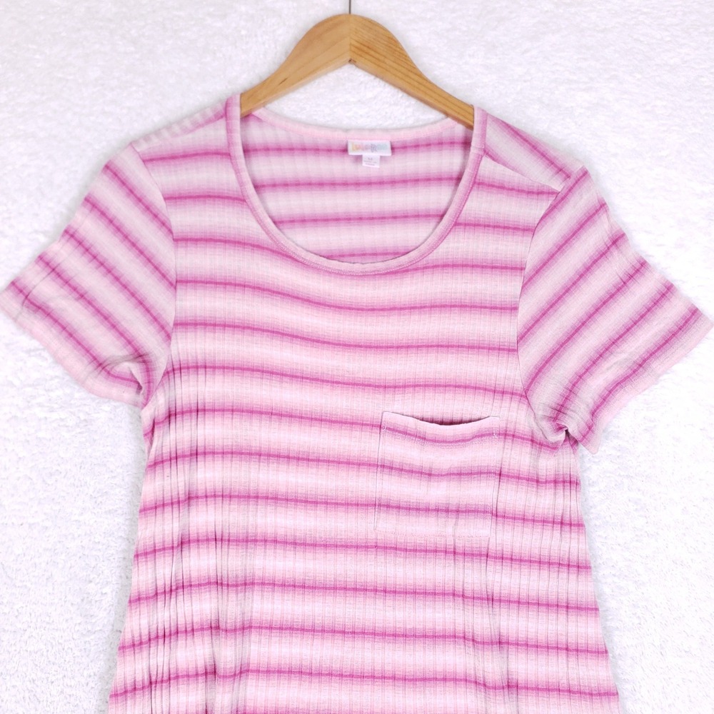 Lularoe T Shirt Dress Womens Medium Pink Striped High Low Pocket Casual - Picture 2 of 8